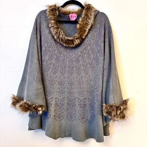 Beautifully Faux Fur Trim Patterned Poncho Sweater Brown Mauve Garnet One Size f
